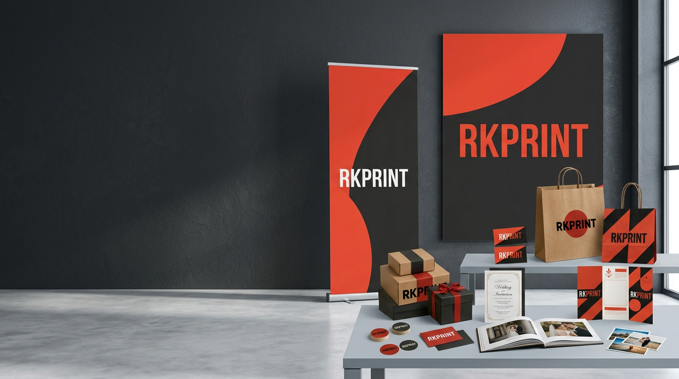 Collection illustrative RKPRINT : panneau publicitaire, roll-up, sacs, emballages, cartes, dépliant, faire-part et album photo